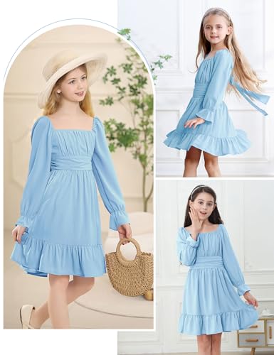 Durio Tie Back Girls Spring Dress Off Shoulder Long Sleeve Girl Dress for Teens Ruffle Summer Dresses for Girl Fall Tween Girls Dresses 08 Light Blue 8-9 Years - Image 4