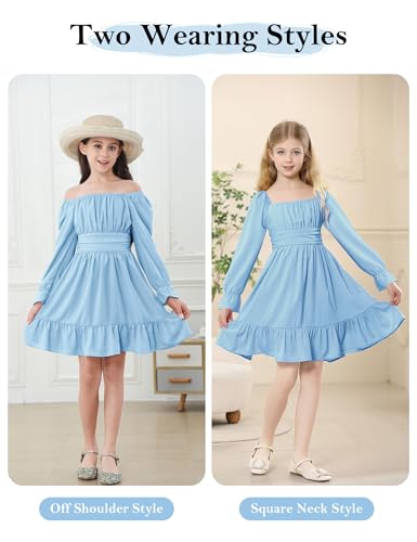 Durio Tie Back Girls Spring Dress Off Shoulder Long Sleeve Girl Dress for Teens Ruffle Summer Dresses for Girl Fall Tween Girls Dresses 08 Light Blue 8-9 Years - Image 3