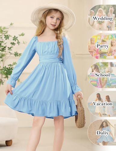 Durio Tie Back Girls Spring Dress Off Shoulder Long Sleeve Girl Dress for Teens Ruffle Summer Dresses for Girl Fall Tween Girls Dresses 08 Light Blue 8-9 Years - Image 5