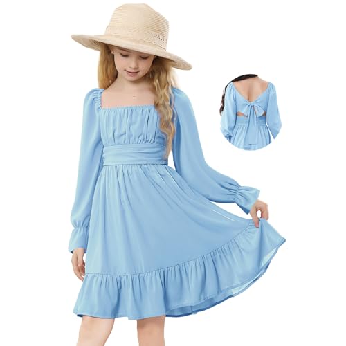 Durio Tie Back Girls Spring Dress Off Shoulder Long Sleeve Girl Dress for Teens Ruffle Summer Dresses for Girl Fall Tween Girls Dresses 08 Light Blue 8-9 Years - Image 1
