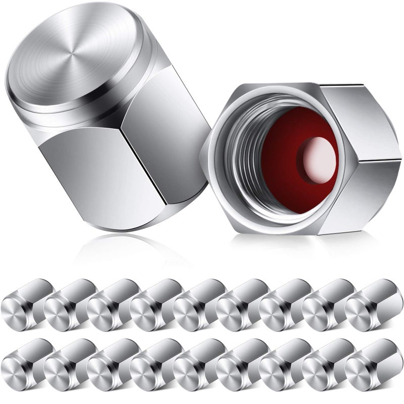 20 Pieces Tire Valve Stem Caps Brass Tire Valve Caps Silver Hexagon Shape Dust Proof Covers with Rubber O Ring for Car Truck Motorcycles Bike and Bicycle, Silver