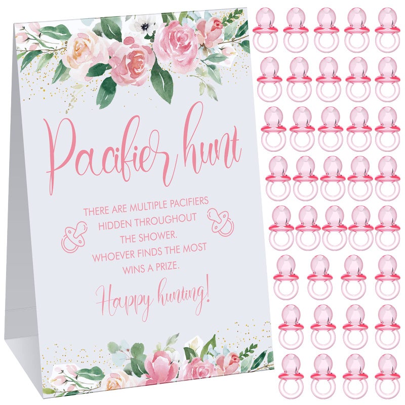 Woanger 201 Pcs Pacifier Hunt Baby Shower Game Including Flower Hunt Sign 200 Pcs Mini Acrylic Baby Pacifiers Gift for Gender Reveal Party Favors Decorations - Image 1
