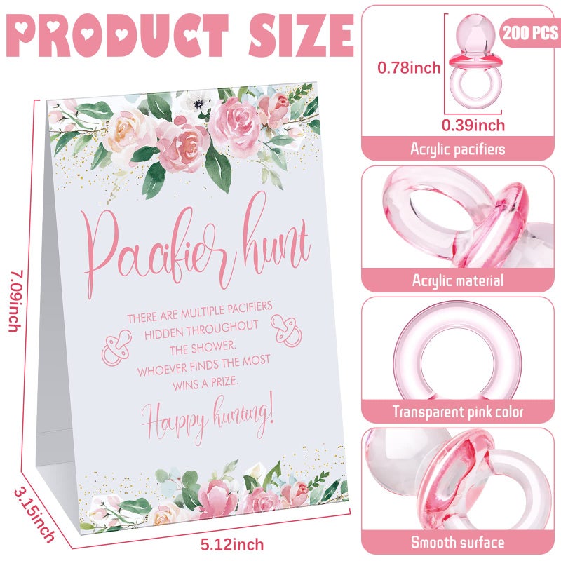 Woanger 201 Pcs Pacifier Hunt Baby Shower Game Including Flower Hunt Sign 200 Pcs Mini Acrylic Baby Pacifiers Gift for Gender Reveal Party Favors Decorations - Image 2
