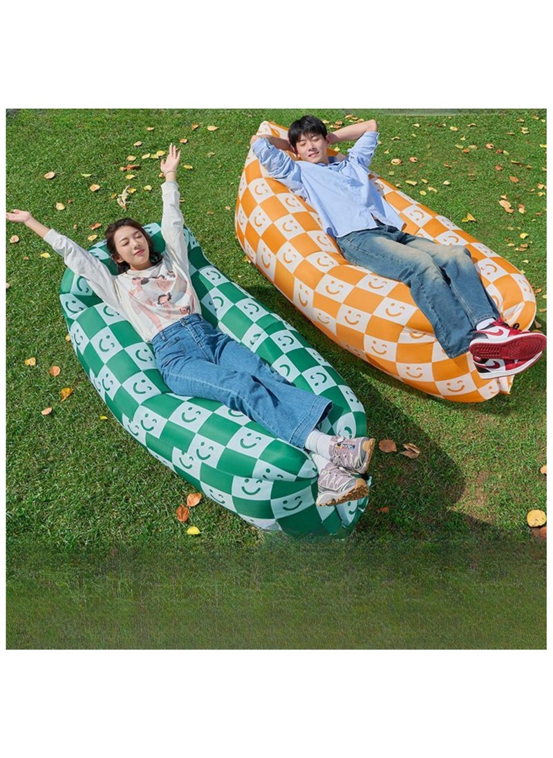 SYOSI - Inflatable Sofa with Pillow, Portable Waterproof Couch for Camping, Beach, Travel, Picnics, Outdoor, Music Festivals, Backyard-Bean Bag Chair, Folding Sofa-Beach Bed (Green Checkered Smiling Face) - Image 1