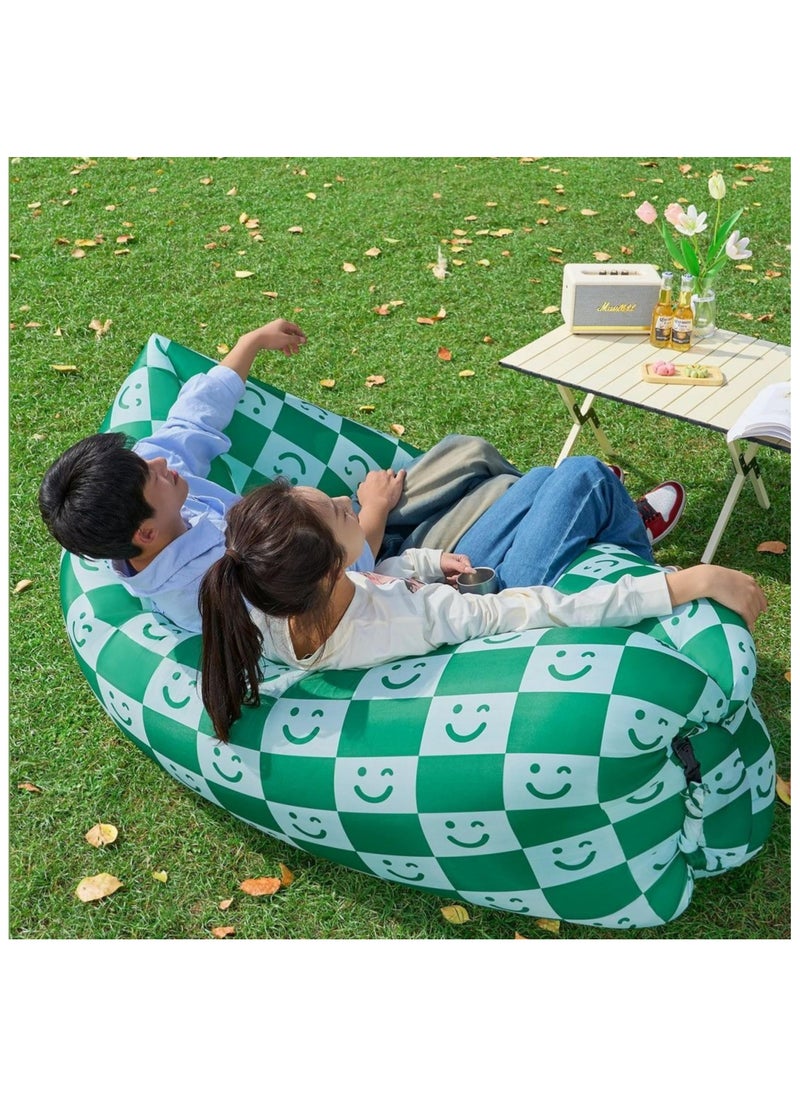 SYOSI - Inflatable Sofa with Pillow, Portable Waterproof Couch for Camping, Beach, Travel, Picnics, Outdoor, Music Festivals, Backyard-Bean Bag Chair, Folding Sofa-Beach Bed (Green Checkered Smiling Face) - Image 1
