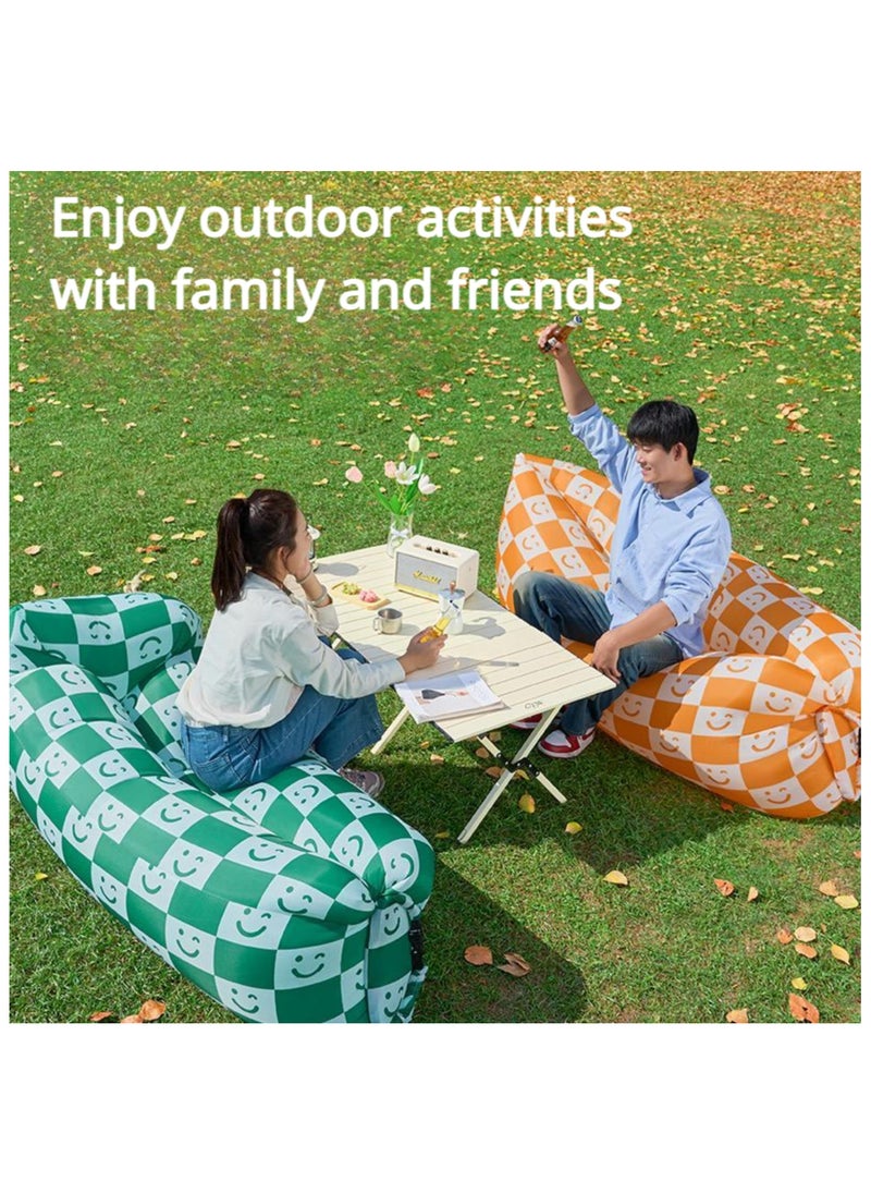 SYOSI - Inflatable Sofa with Pillow, Portable Waterproof Couch for Camping, Beach, Travel, Picnics, Outdoor, Music Festivals, Backyard-Bean Bag Chair, Folding Sofa-Beach Bed (Green Checkered Smiling Face) - Image 1