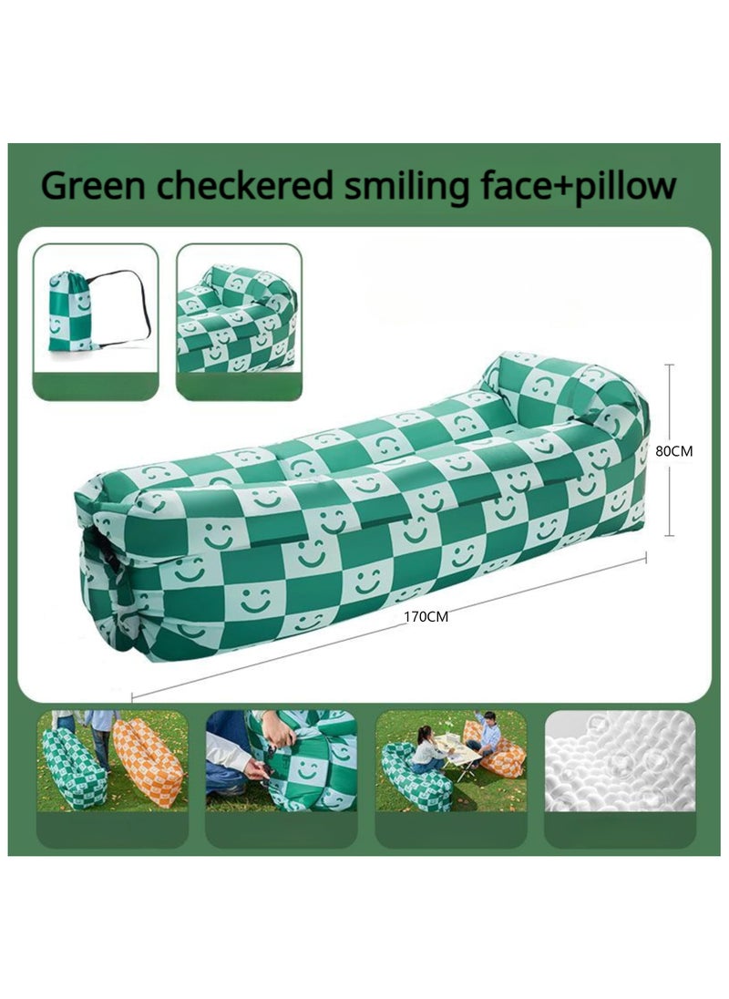 SYOSI - Inflatable Sofa with Pillow, Portable Waterproof Couch for Camping, Beach, Travel, Picnics, Outdoor, Music Festivals, Backyard-Bean Bag Chair, Folding Sofa-Beach Bed (Green Checkered Smiling Face) - Image 1