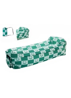 Inflatable Sofa with Pillow, Portable Waterproof Couch for Camping, Beach, Travel, Picnics, Outdoor, Music Festivals, Backyard-Bean Bag Chair, Folding Sofa-Beach Bed (Green Checkered Smiling Face)