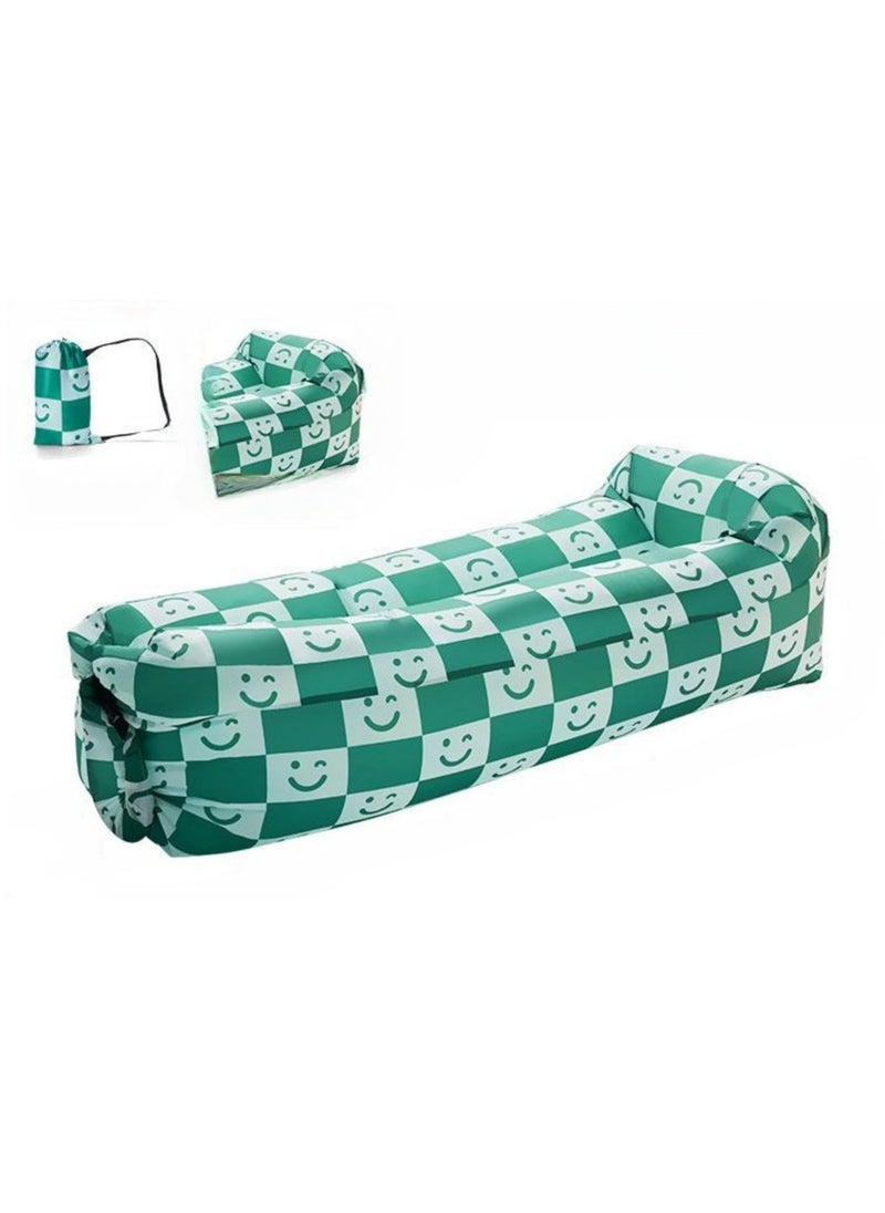 SYOSI - Inflatable Sofa with Pillow, Portable Waterproof Couch for Camping, Beach, Travel, Picnics, Outdoor, Music Festivals, Backyard-Bean Bag Chair, Folding Sofa-Beach Bed (Green Checkered Smiling Face) - Image 1