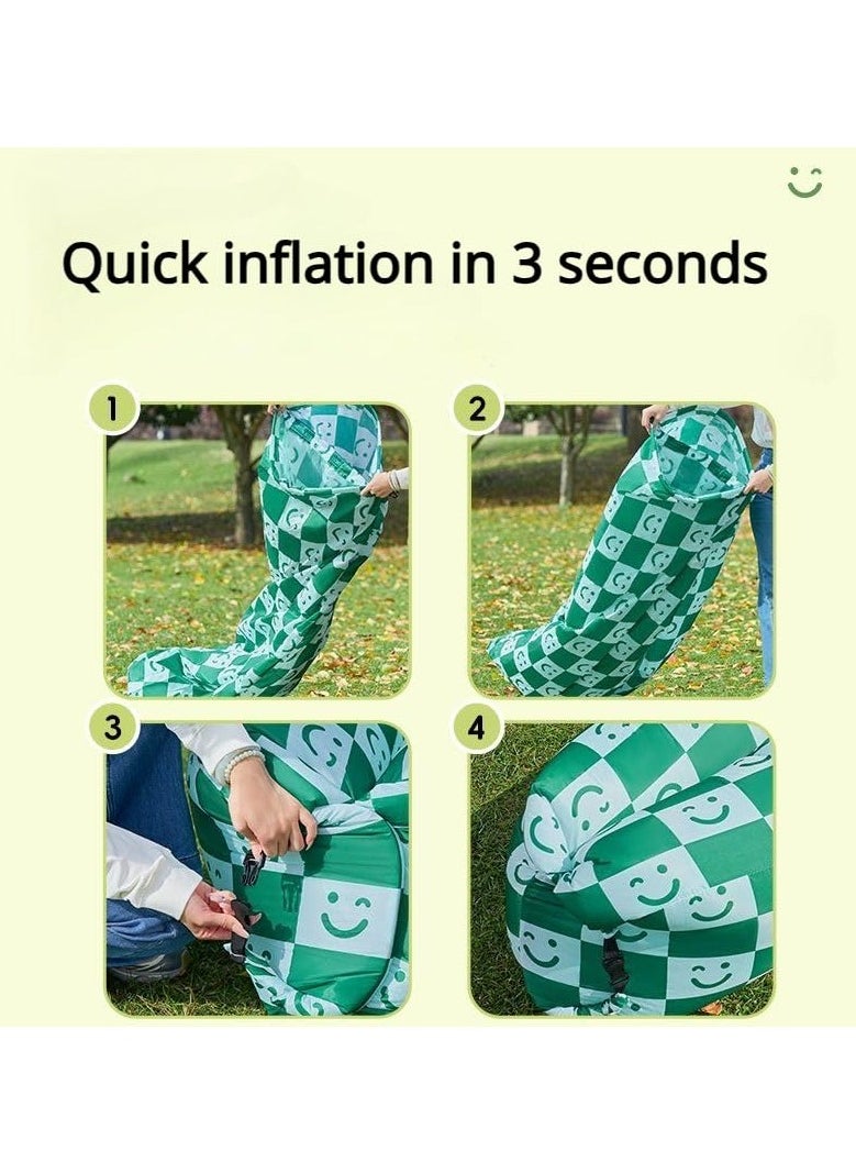 SYOSI - Inflatable Sofa with Pillow, Portable Waterproof Couch for Camping, Beach, Travel, Picnics, Outdoor, Music Festivals, Backyard-Bean Bag Chair, Folding Sofa-Beach Bed (Green Checkered Smiling Face) - Image 1