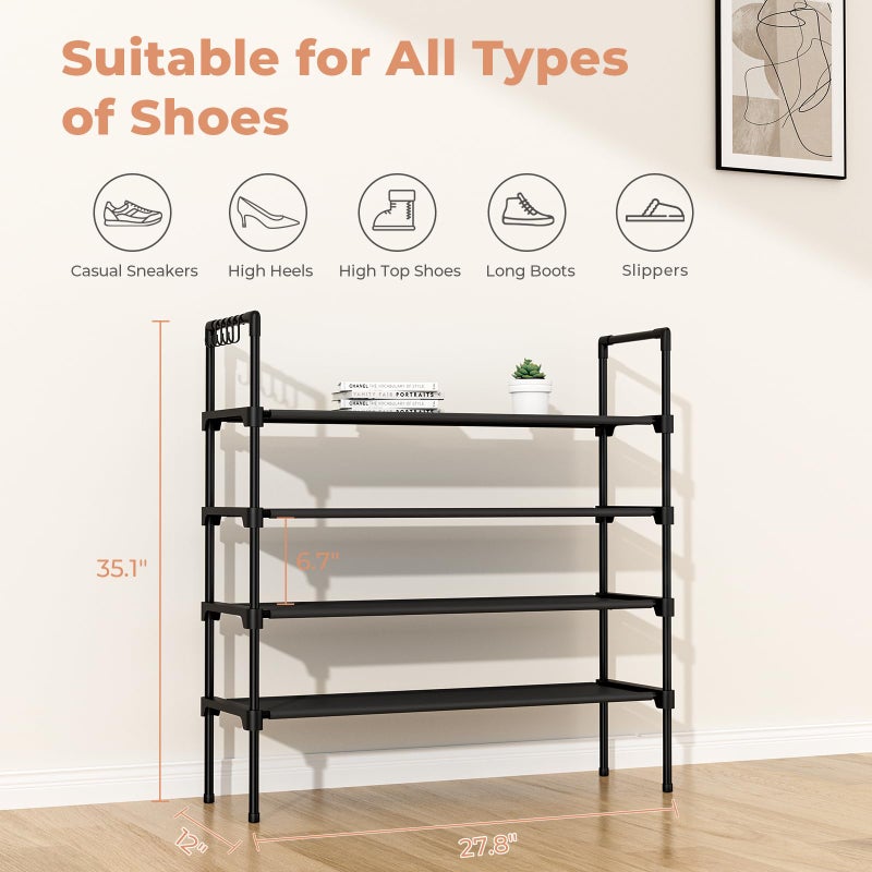 LANTEFUL 4 Tier Shoe Rack for Closet Shoe Organizer with 5 Hooks, Long Shoe Shelf Storage for Shoe and Boot Stackable Free Standing Shoe Rack for Entryway, Garage, Small Spaces, Dorm, Black - Image 3