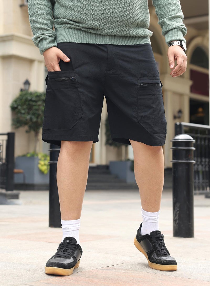 Instafab Plus Men Modular-Utility Shorts | Mid-Rise , Elasticated -Waistband | Button Closure , Straight Hem | Solid Textured | Woven Fabric For Street & Casual Wear | Onyx Black - Image 2
