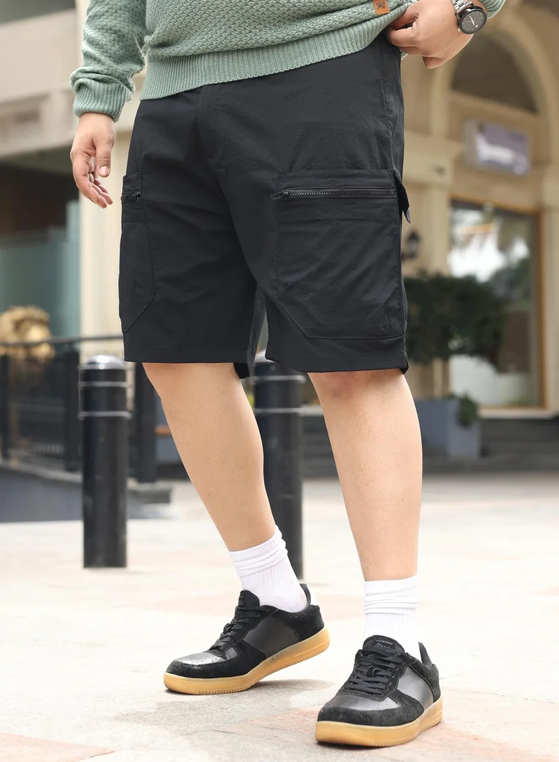 Instafab Plus  Instafab Plus Men Modular-Utility Shorts | Mid-Rise , Elasticated -Waistband | Button Closure , Straight Hem | Solid Textured | Woven Fabric For Street & Casual Wear | Onyx Black for Men | Best Price UAE