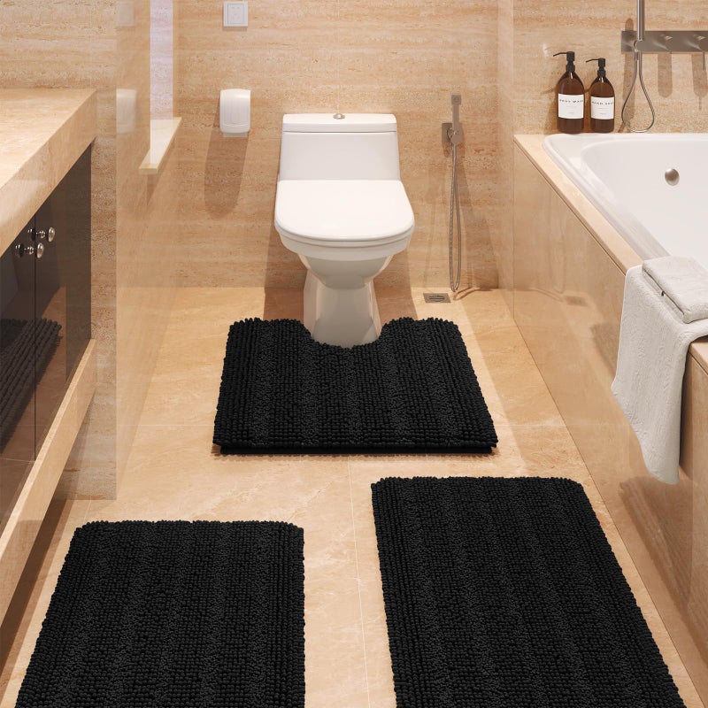 ACCUMTEK Striped Black Bathroom Rug Set 3 Pieces Ultra Soft Non Slip Chenille Toilet Mat Absorbent Plush Shaggy Bath Mats for Bathroom Bedroom Kitchen