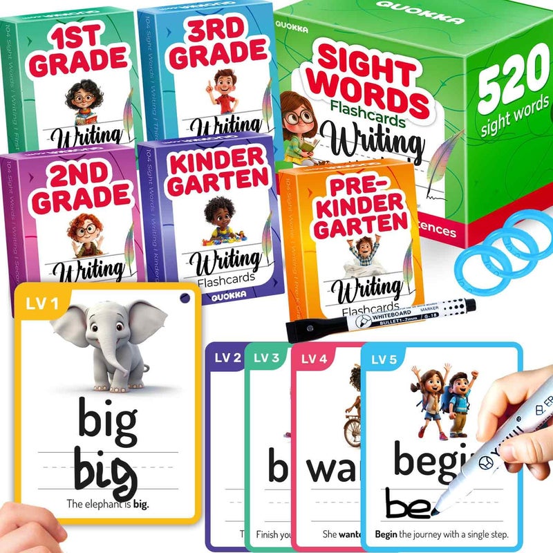 QUOKKA 520 Sight Words Flash Cards for Kids 5 Levels from PreK to 3rd Grade Bold Font Jumbo Size Dry Erase ColorCoded Cards with Rings for Sorting Based on Dolch Fry Word Lists - Image 3