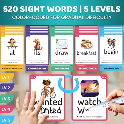 QUOKKA 520 Sight Words Flash Cards for Kids 5 Levels from PreK to 3rd Grade Bold Font Jumbo Size Dry Erase ColorCoded Cards with Rings for Sorting Based on Dolch Fry Word Lists - Image 5