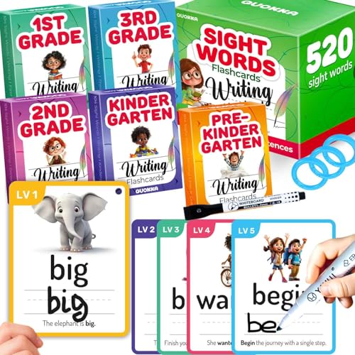 QUOKKA 520 Sight Words Flash Cards for Kids 5 Levels from PreK to 3rd Grade Bold Font Jumbo Size Dry Erase ColorCoded Cards with Rings for Sorting Based on Dolch Fry Word Lists - Image 1