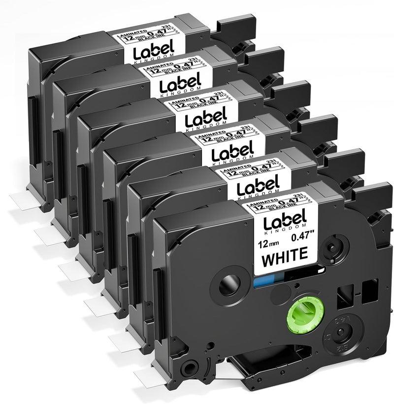 لايبل كينجدوم شريط ملصقات بديل متوافق مع طابعة Brother Tze-231 Tze231 P Touch، 12 مم، 0.47 بوصة، أبيض مغلف، Tz-231 لطابعات P touch، Pt-D210، Pt-H110، Pt-D400Ad، Pt-P710Bt، عبوة من 6 قطع - Image 1