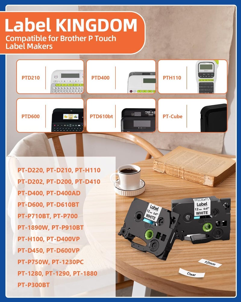 لايبل كينجدوم شريط ملصقات بديل متوافق مع طابعة Brother Tze-231 Tze231 P Touch، 12 مم، 0.47 بوصة، أبيض مغلف، Tz-231 لطابعات P touch، Pt-D210، Pt-H110، Pt-D400Ad، Pt-P710Bt، عبوة من 6 قطع - Image 4