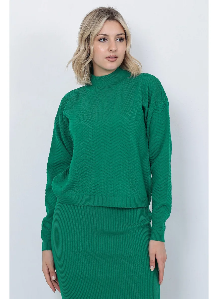Lugmo Women's Knitwear Zigzag Striped Sweater and Skirt Set Oversize Green