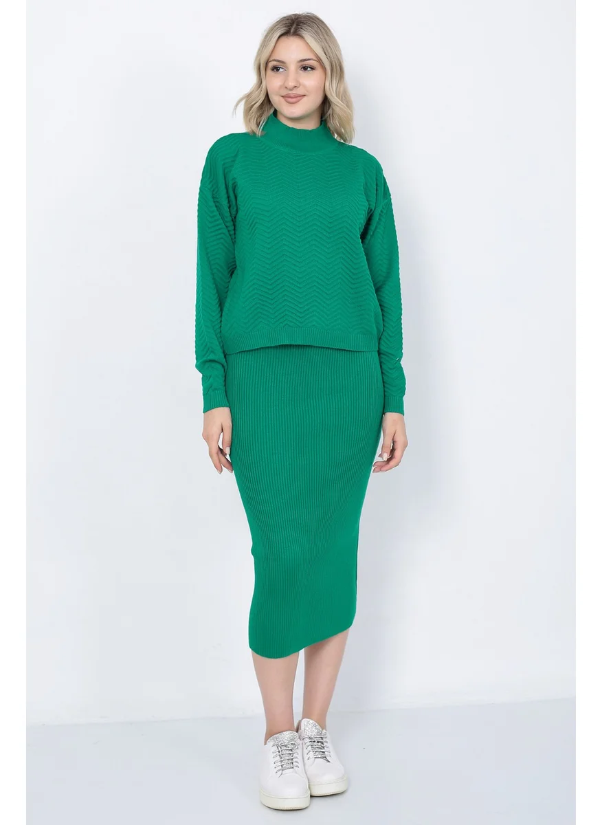 Lugmo Women's Knitwear Zigzag Striped Sweater and Skirt Set Oversize Green