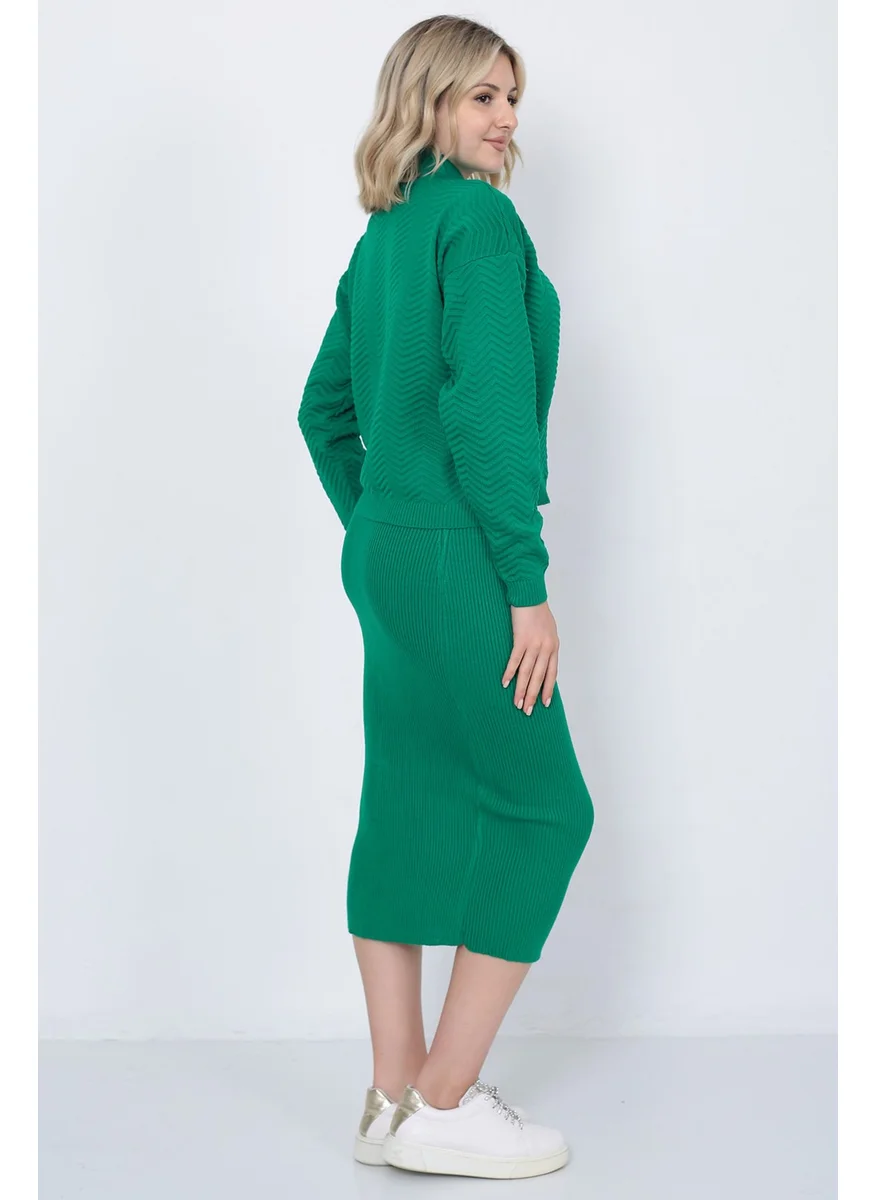 Lugmo Women's Knitwear Zigzag Striped Sweater and Skirt Set Oversize Green