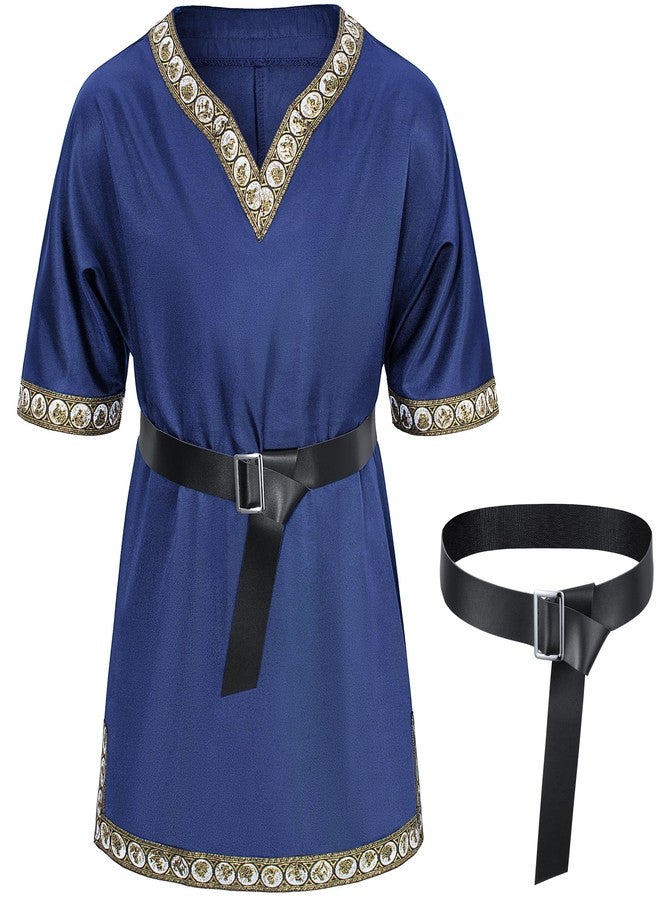 TOGROP Kids Medieval Costume Boys Viking Tunic Knight Warrior Renaissance Shirts with Belt 8-10 Years Blue - Image 1