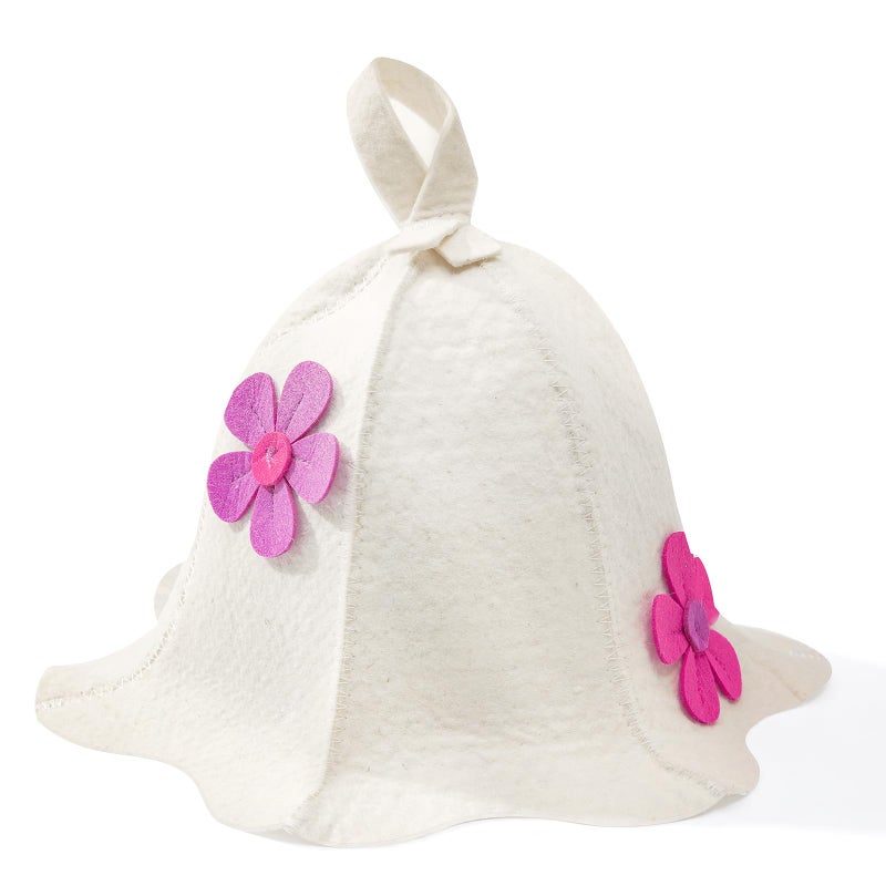 Nicalas Sauna Hat,Natural Wool Sauna Hat for Men and Women,Traditional Sauna Cap,Flowers White - Image 1