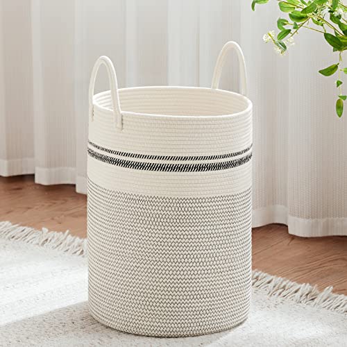 VIPOSCO Large Laundry Hamper Tall Woven Rope Storage Basket for Blanket Toys Dirty Clothes in Living Room Bathroom Bedroom 58L Stripe White - Image 1