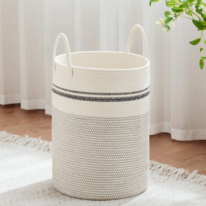 VIPOSCO Large Laundry Hamper Tall Woven Rope Storage Basket for Blanket Toys Dirty Clothes in Living Room Bathroom Bedroom 58L Stripe White - Image 2
