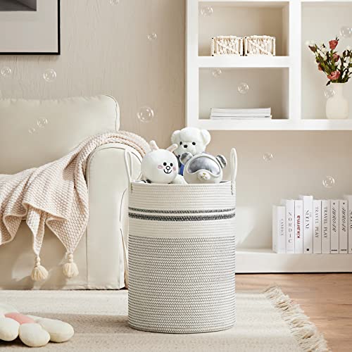 VIPOSCO Large Laundry Hamper Tall Woven Rope Storage Basket for Blanket Toys Dirty Clothes in Living Room Bathroom Bedroom 58L Stripe White - Image 3