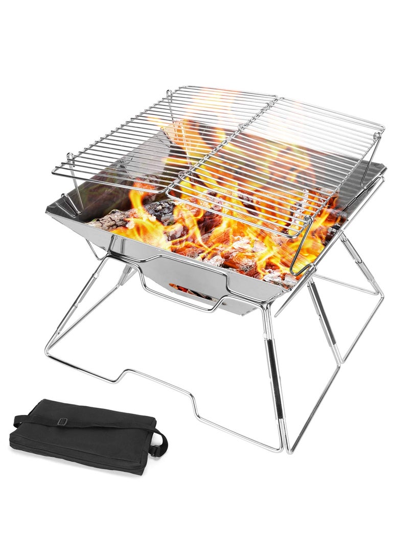 Odoland Odoland Collapsible Campfire Grill Camping Fire Pit 304 Stainless Steel Grill Gate Heavy Duty Portable Camping Grill with Carrying Bag  - Image 1
