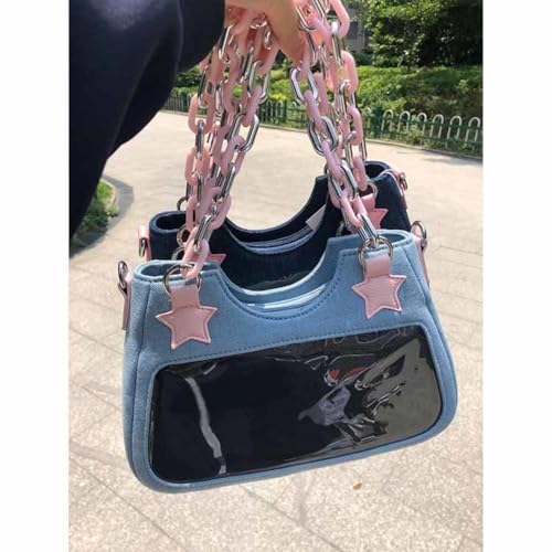OATSBAS Cute Shoulder Bag Crossbody Bag for Women Y2K Star Patchwork Denim Messenger Handbag for Teen Girls (Light Blue) - Image 3