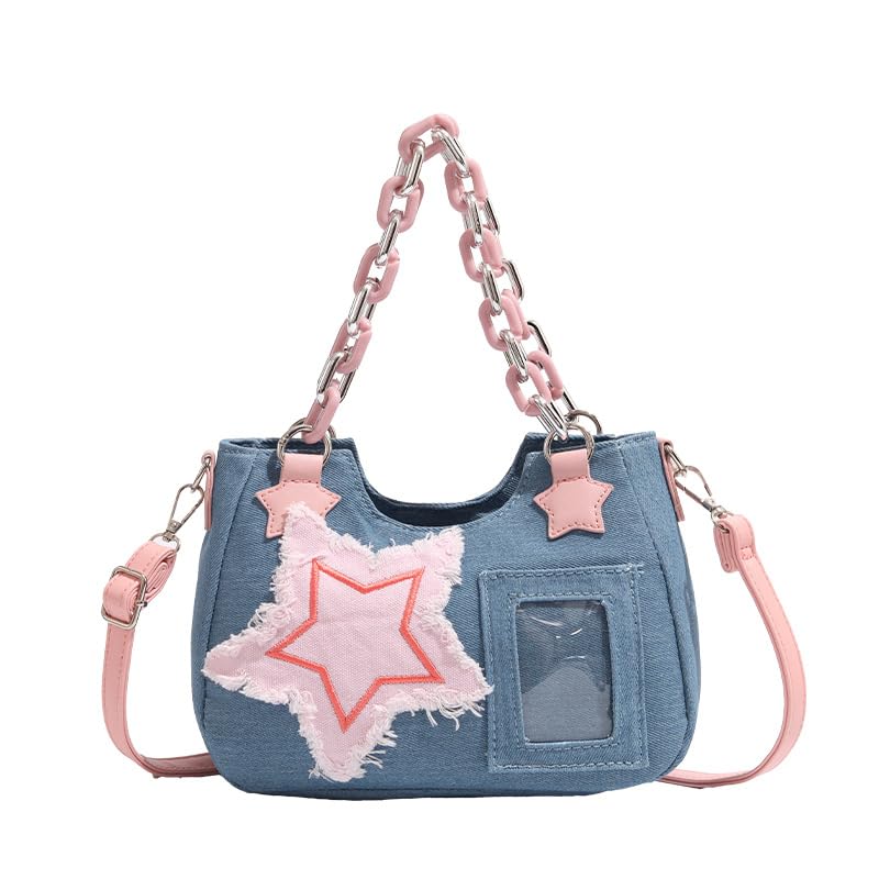 OATSBAS Cute Shoulder Bag Crossbody Bag for Women Y2K Star Patchwork Denim Messenger Handbag for Teen Girls (Light Blue) - Image 1