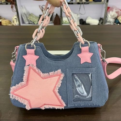 OATSBAS Cute Shoulder Bag Crossbody Bag for Women Y2K Star Patchwork Denim Messenger Handbag for Teen Girls (Light Blue) - Image 4