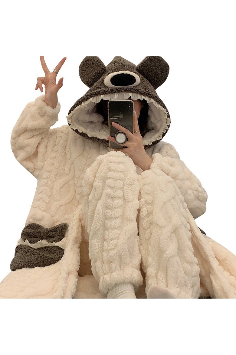 KUYING Velvet And Thickened Nightgown Cute Cartoon Home Fur Set - Image 1