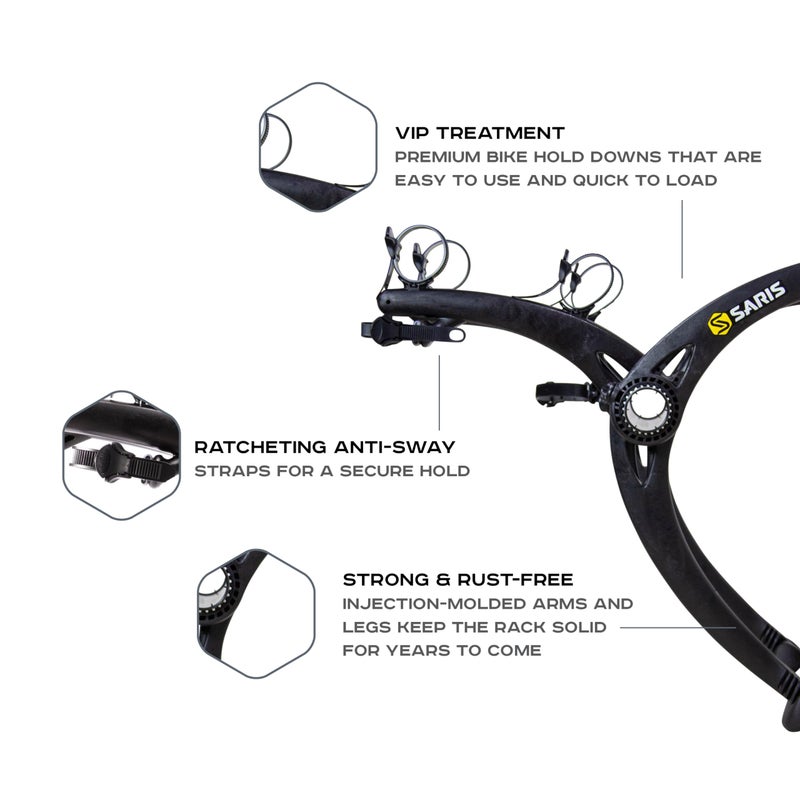 Saris Bones Car Trunk Bicycle Rack Carrier, Mounts 2 Bikes, Black - Durable, Rust-Free, Anti-Sway Straps, Fits Most Vehicles, Made in USA, Arc-Based Design, 100% Recyclable Materials - Image 2