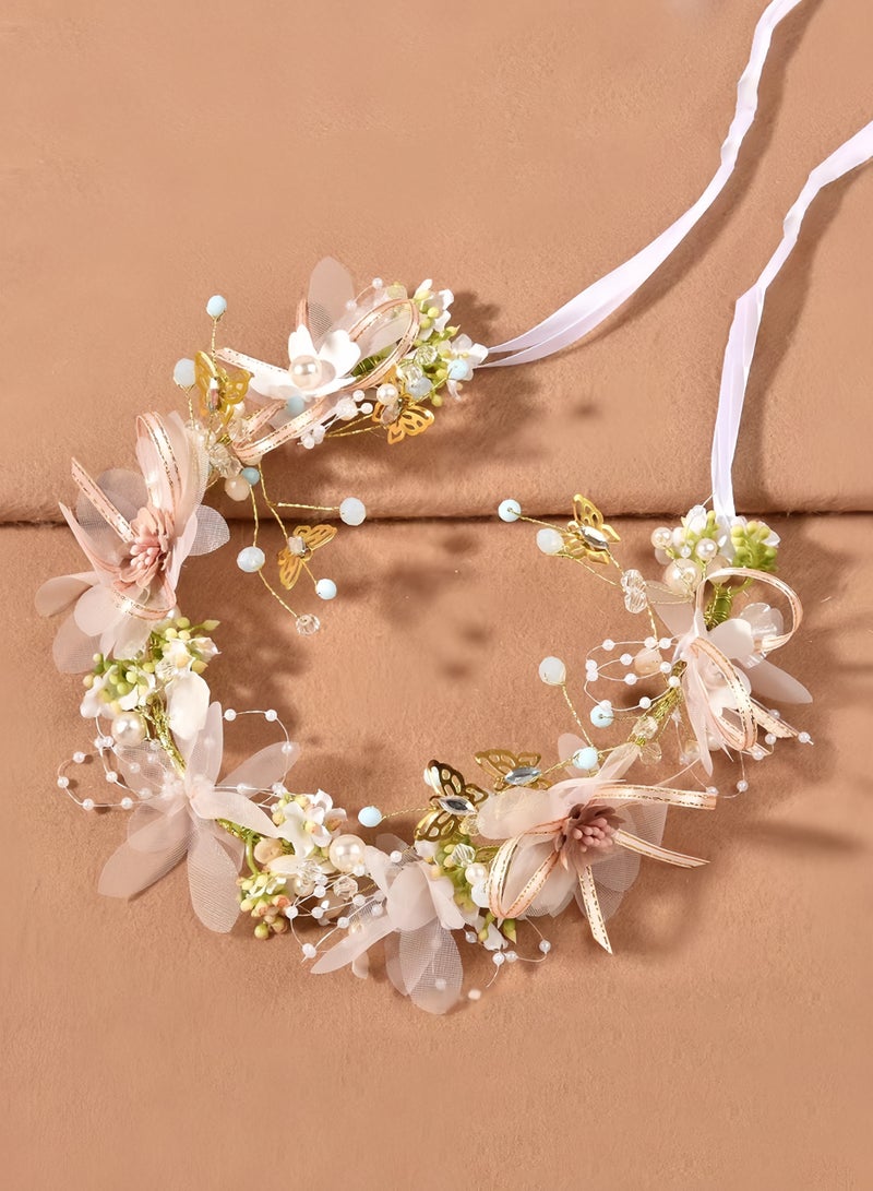 تيجان الزهور للنساء مع اللؤلؤ، تاج زهور معدني مطلي بالذهب، إكليل شعر مصنوع يدويًا، غطاء رأس لحفلات الزفاف والمهرجانات والتصوير الفوتوغرافي - Image 1