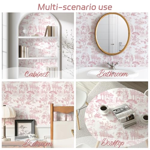 WENMER Toile Wallpaper, 17.7" X 118" Pink and White Peel and Stick Wa llpaper, Toile de Jouy Wallpaper, French Vintage Contact Paper for Bedroom, Walls, Backdrop, Cabinet, Home Decor - Image 3