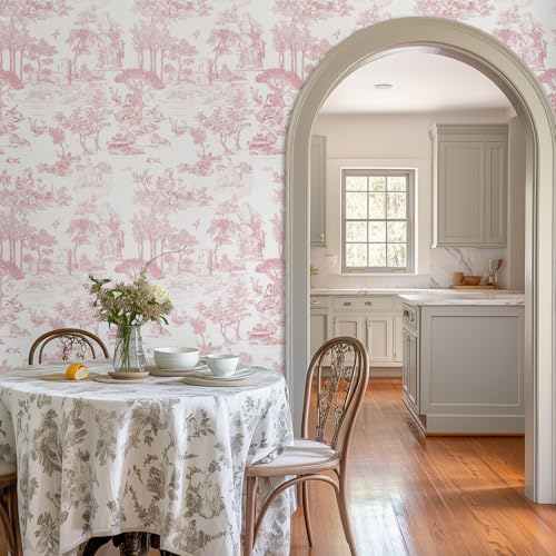 WENMER Toile Wallpaper, 17.7" X 118" Pink and White Peel and Stick Wa llpaper, Toile de Jouy Wallpaper, French Vintage Contact Paper for Bedroom, Walls, Backdrop, Cabinet, Home Decor - Image 5