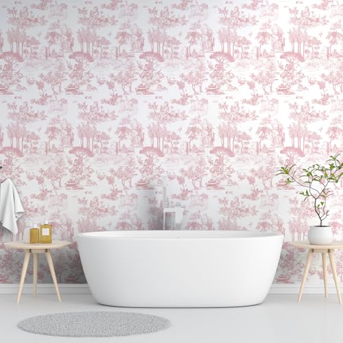 WENMER Toile Wallpaper, 17.7" X 118" Pink and White Peel and Stick Wa llpaper, Toile de Jouy Wallpaper, French Vintage Contact Paper for Bedroom, Walls, Backdrop, Cabinet, Home Decor - Image 4