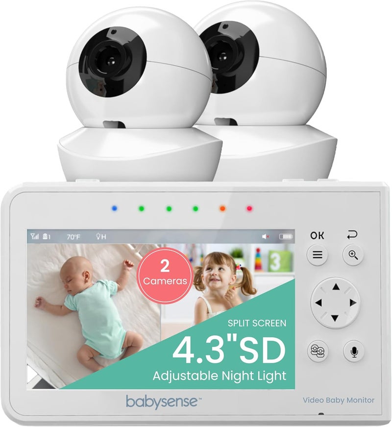 Babysense Baby Monitor with 2 Cameras and Audio 43 Non Wifi Baby Monitor Dual Split Screen Portable Double Sleep Video Monitoring Auto Night Vision  Light Lullabies  White Noise TwoWay Audio - Image 1