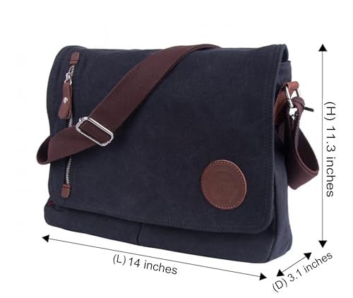HuaChen Vintage Canvas Messenger Bag – 14” Laptop Shoulder Satchel Crossbody Sling Bookbag for Men & Women - M36 Black - Image 2