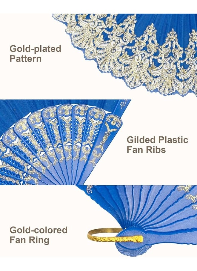 Folding Fan, Traditional Retro Style Handheld Fan with Fabric Plastic Frame for Wedding Party Dancing (Blue