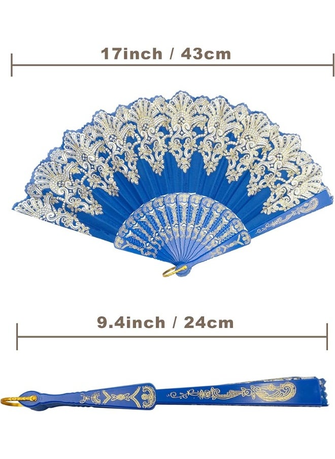 Folding Fan, Traditional Retro Style Handheld Fan with Fabric Plastic Frame for Wedding Party Dancing (Blue