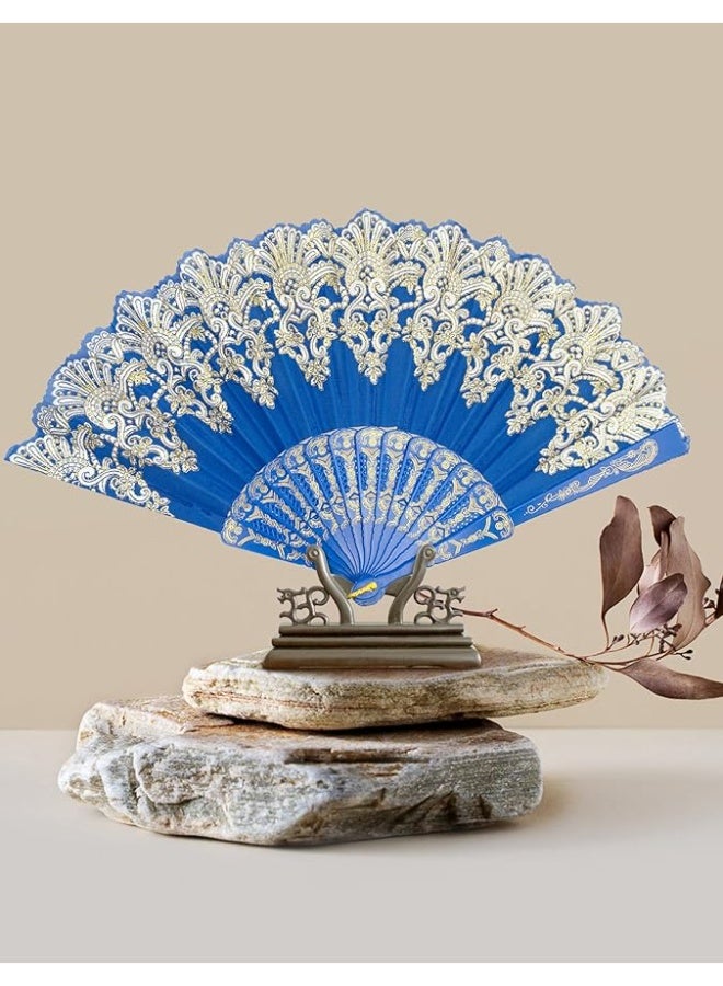 مروحة قابلة للطي، مروحة محمولة باليد بنمط رترو تقليدي باطار بلاستيكي من القماش لحفلات الزفاف والرقص (أزرق) - Image 4