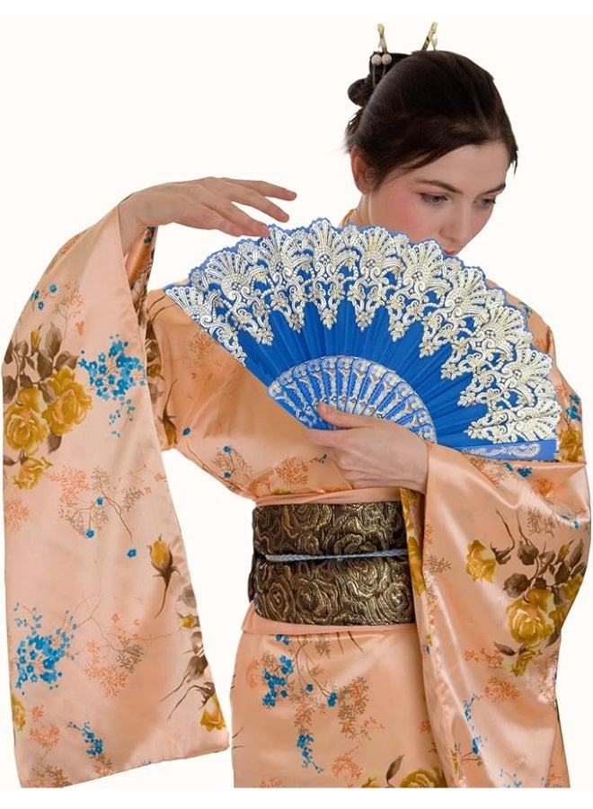 مروحة قابلة للطي، مروحة محمولة باليد بنمط رترو تقليدي باطار بلاستيكي من القماش لحفلات الزفاف والرقص (أزرق) - Image 5