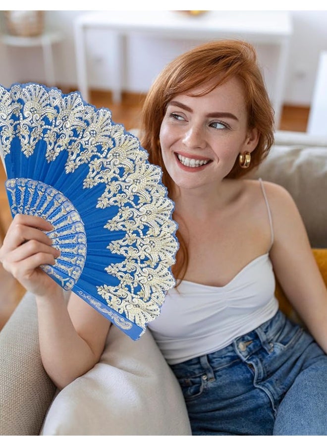 مروحة قابلة للطي، مروحة محمولة باليد بنمط رترو تقليدي باطار بلاستيكي من القماش لحفلات الزفاف والرقص (أزرق) - Image 2