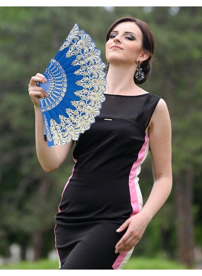 مروحة قابلة للطي، مروحة محمولة باليد بنمط رترو تقليدي باطار بلاستيكي من القماش لحفلات الزفاف والرقص (أزرق) - Image 3