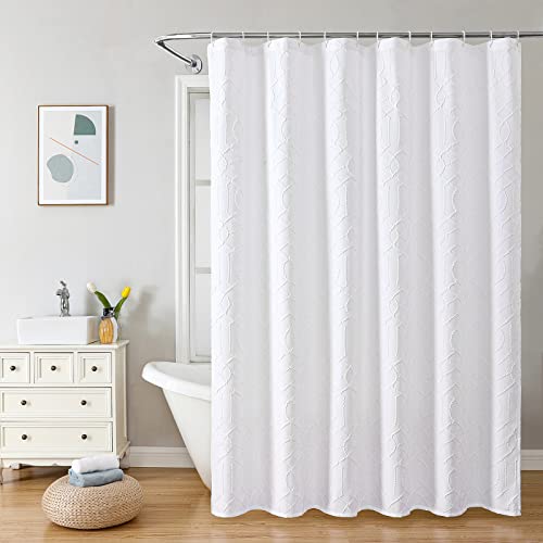Gibelle Extra Long Shower Curtain 72 x 84, Tall 3D Embossed Textured White Fabric Shower Curtain, Modern Farmhouse Elegant Cloth Bathroom Curtains Shower Set with Hooks - Image 2